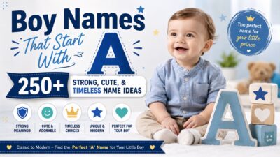 Smiling baby with letter A and boy names that start with A featuring 250+ strong, cute, and timeless name ideas