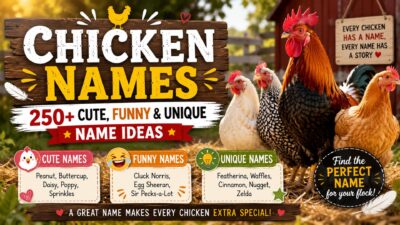 Chicken names guide with 250+ cute, funny, and unique name ideas featuring colorful hens and a rooster on a farm