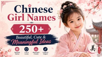 Chinese girl names banner featuring a girl in traditional attire with 250+ beautiful, cute, and meaningful name ideas