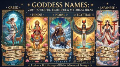 An illustrated guide to powerful goddess names across five pantheons with 250+ mythical ideas.
