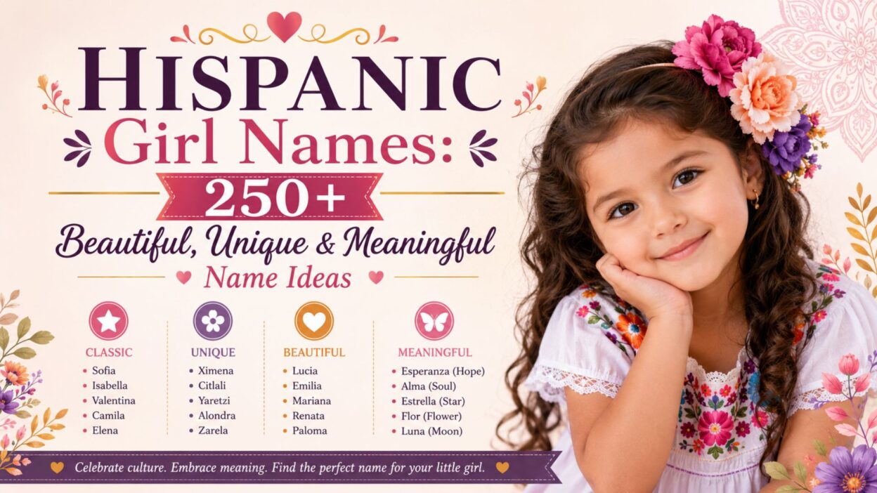 Hispanic girl names banner featuring a smiling young girl with beautiful, unique, and meaningful Hispanic baby name ideas