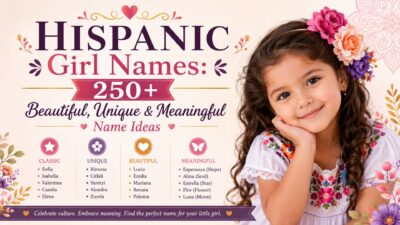 Hispanic girl names banner featuring a smiling young girl with beautiful, unique, and meaningful Hispanic baby name ideas