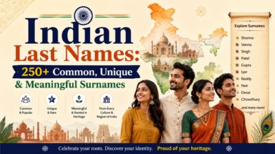 Indian last names guide featuring common, unique, and meaningful surnames with Indian culture, heritage, and family illustrations.