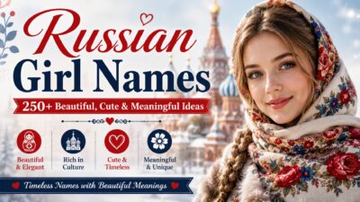 Russian girl names with meanings featuring a traditional Russian woman and beautiful cultural landmarks