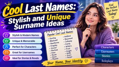 Cool last names infographic featuring stylish and unique surname ideas for characters, usernames, and stories