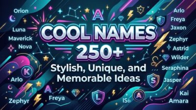 Banner for Cool Names featuring glowing neon text and stylish name ideas on a dark space background.