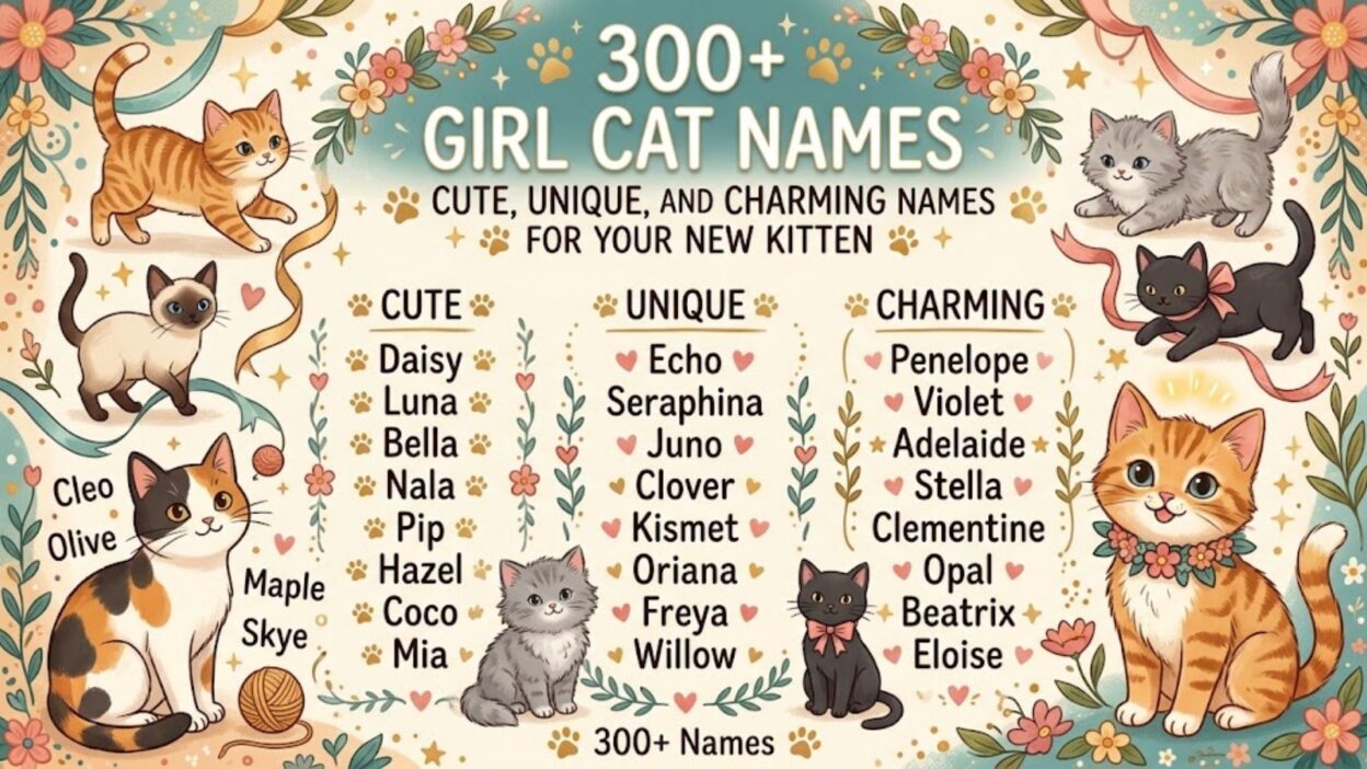 Infographic displaying cute, unique, and charming girl cat names surrounded by illustrated kittens and flowers.