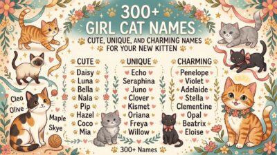 Infographic displaying cute, unique, and charming girl cat names surrounded by illustrated kittens and flowers.
