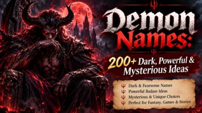 Demon names poster featuring a horned demon, red moon, gothic castle, and dark fantasy theme