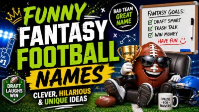 Funny fantasy football names with a playful football mascot, clever ideas, and humorous team name categories