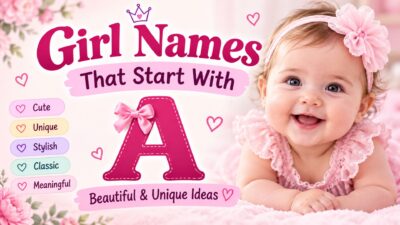 Girl names that start with A featuring a cute baby girl and beautiful unique name ideas