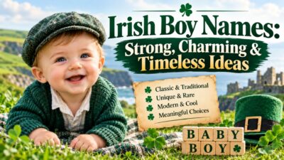 Irish boy names with a smiling baby, Irish landscape, shamrocks, and timeless name ideas