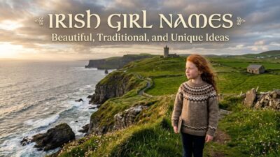 Young girl in traditional sweater standing on green cliffs above ocean, titled Irish Girl Names Beautiful Traditional and Unique Ideas