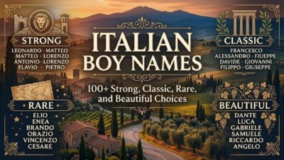 Graphic showing Tuscan hills and Italian boy names in categories like Strong, Classic, Rare, and Beautiful.