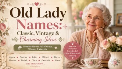 Old lady names graphic featuring classic vintage names, roses, tea, and a charming elderly woman