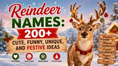 Reindeer names with 200+ cute, funny, unique, and festive name ideas in a snowy Christmas scene
