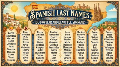 Vintage style poster displaying a list of 100 popular Spanish last names with iconic Spanish landmarks.