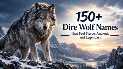 Dire wolf standing in a snowy mountain landscape with 150+ fierce and legendary dire wolf names