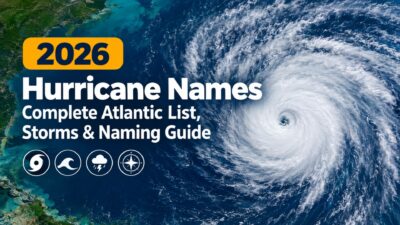 2026 hurricane names banner with a satellite-style Atlantic hurricane and storm naming guide