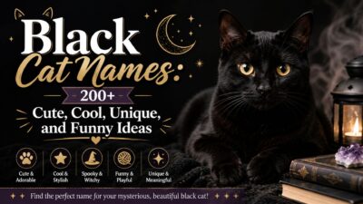 Black cat names graphic featuring 200+ cute, cool, unique, and funny name ideas