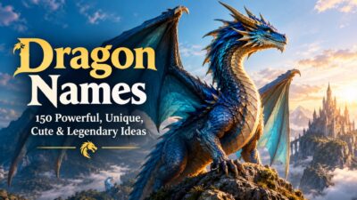 Dragon Names with 150 powerful, unique, cute and legendary ideas beside a majestic blue dragon