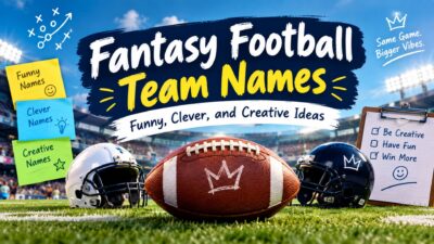 Fantasy football team names graphic with football, helmets, stadium, and funny, clever, and creative name ideas