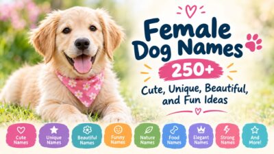 Female dog names featuring a happy golden retriever puppy with cute and unique name ideas
