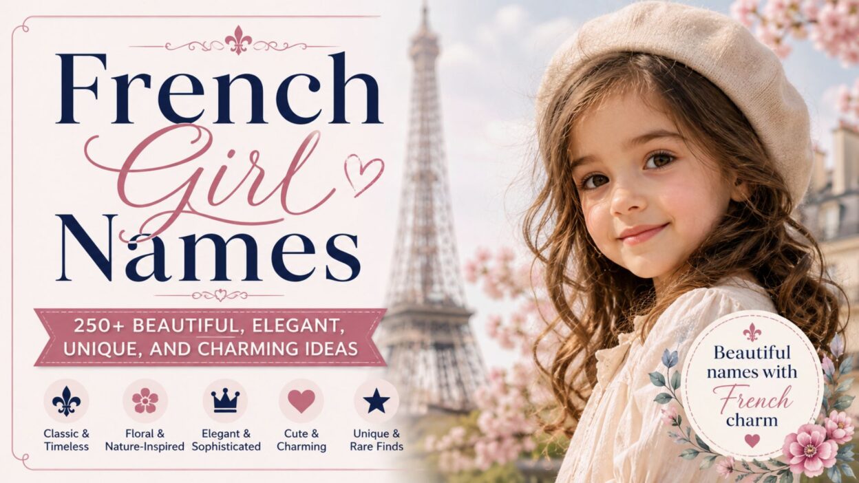 French girl names graphic featuring 250+ beautiful, elegant, unique, and charming name ideas in a Parisian setting