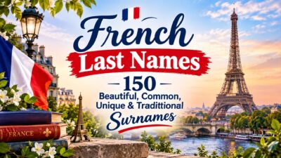 French last names with Eiffel Tower and Paris background featuring 150 beautiful, common, unique, and traditional surnames
