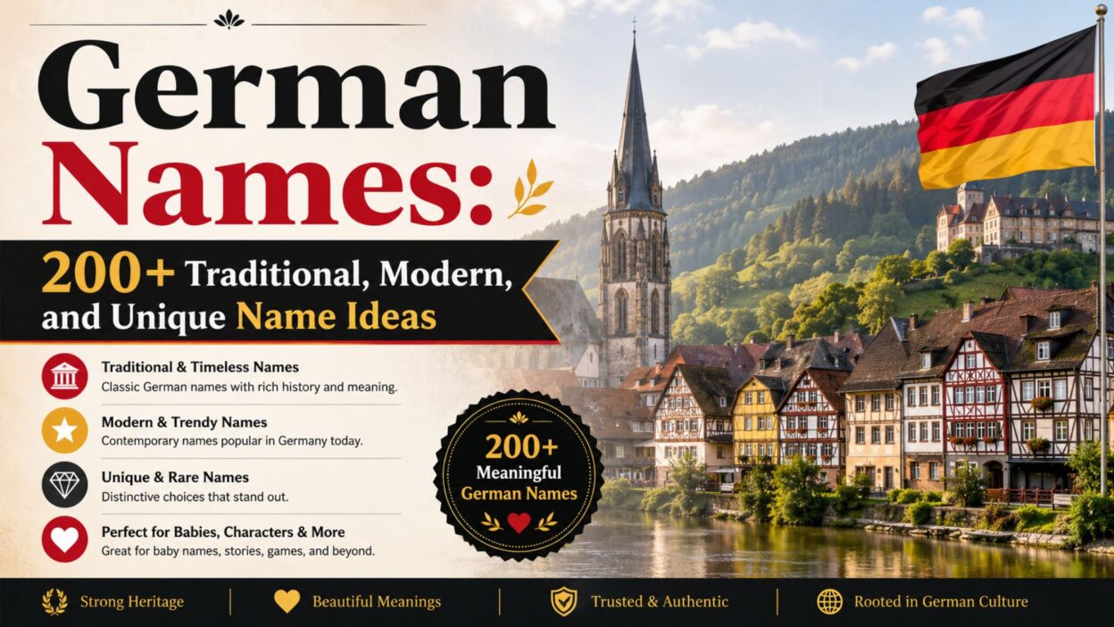 German names with 200+ traditional, modern, and unique name ideas beside a scenic German village