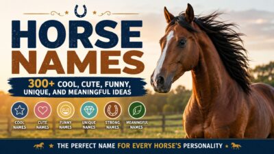 Horse Names infographic featuring 300+ cool, cute, funny, unique, and meaningful horse name ideas