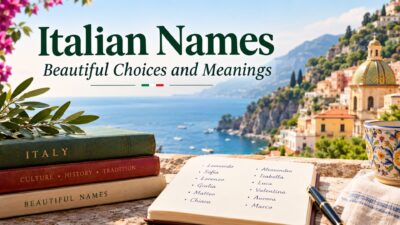 Italian names guide with books, notebook of Italian names, and a scenic Italian coastal landscape
