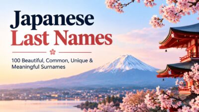 Japanese last names banner with Mount Fuji, cherry blossoms, and a traditional Japanese pagoda