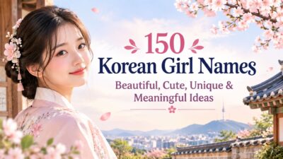 150 Korean girl names with a beautiful Korean woman, cherry blossoms, hanok, and Seoul-inspired scenery