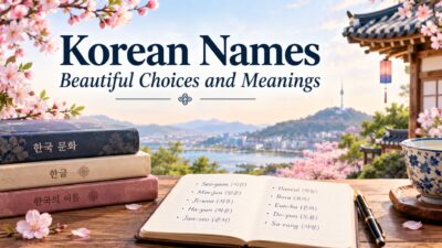 Korean names guide with Hangul, cherry blossoms, traditional architecture, and a list of beautiful names