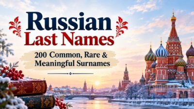Russian last names with 200 common, rare, and meaningful surnames over a Moscow winter scene