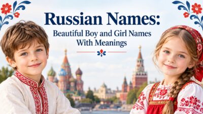 Russian boy and girl in traditional clothing with beautiful Russian names text and iconic Russian architecture