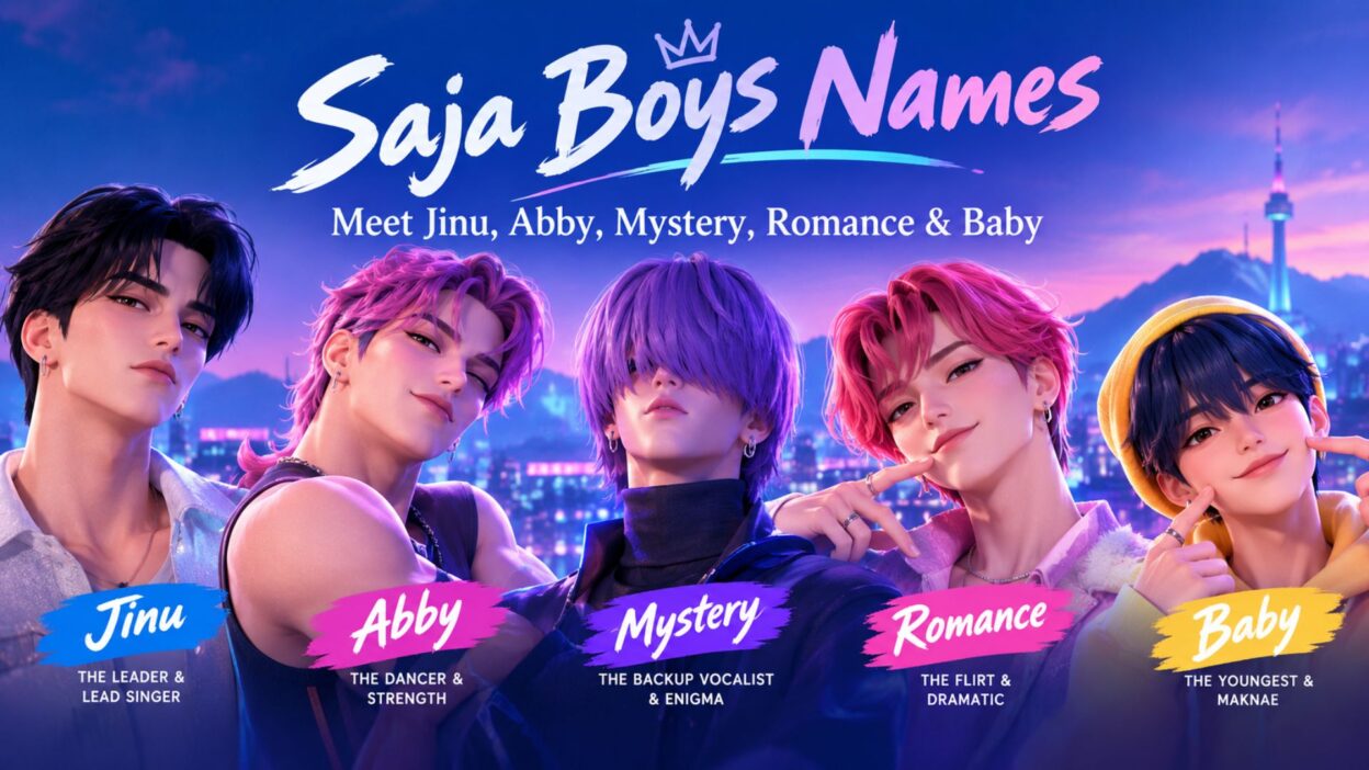 Saja Boys names featuring Jinu, Abby, Mystery, Romance, and Baby in a colorful K-pop inspired scene