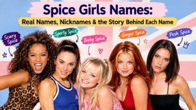 Spice Girls names with real names and famous nicknames including Baby, Ginger, Posh, Scary and Sporty Spice
