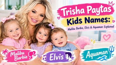 Trisha Paytas kids names Malibu Barbie, Elvis, and Aquaman in a colorful family-themed graphic