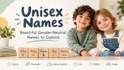 Unisex names banner featuring two smiling children and popular gender-neutral name ideas like Alex, Riley, Rowan, Sky, and Quinn