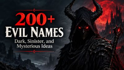 200+ evil names featuring a dark hooded demon, glowing red eyes, and a gothic castle under a blood-red moon.
