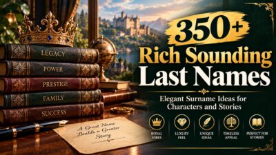 Royal gold crown on stacked leather books labeled Legacy, Power, Prestige, Family and Success, with a castle view and the text “350+ Rich Sounding Last Names”