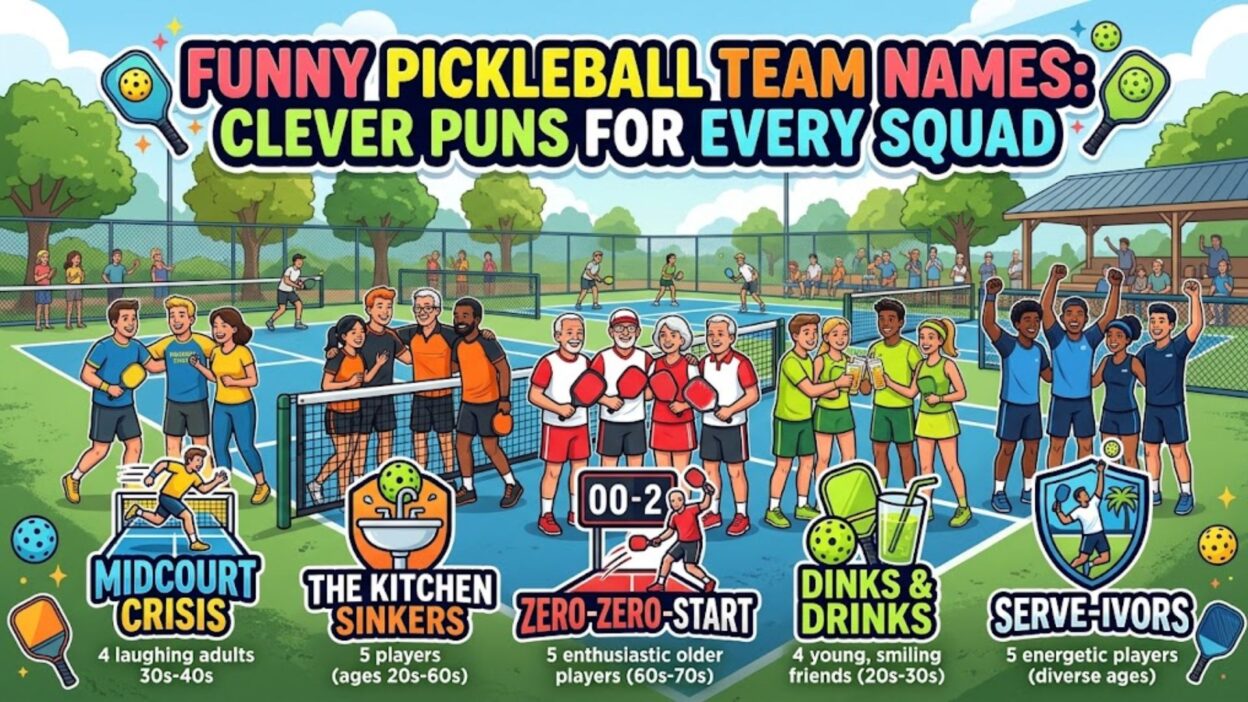 Funny Pickleball Team Names banner featuring colorful pickleball courts, happy teams, and clever pun badges.