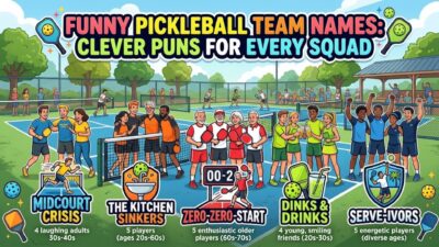 Funny Pickleball Team Names banner featuring colorful pickleball courts, happy teams, and clever pun badges.