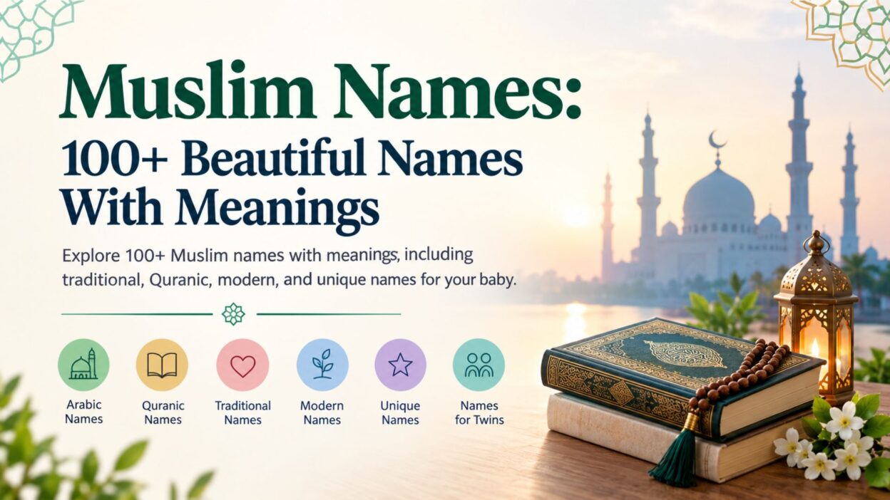 Muslim names with meanings featuring traditional, Quranic, modern, and unique baby name ideas.