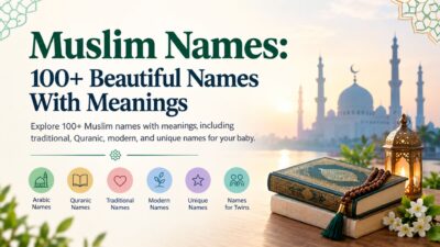 Muslim names with meanings featuring traditional, Quranic, modern, and unique baby name ideas.