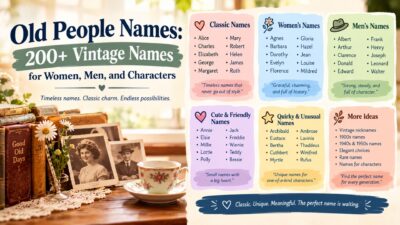 Old people names infographic featuring 200+ vintage names for women, men, and fictional characters.