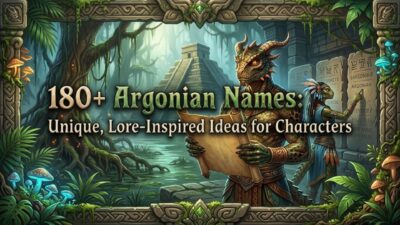 Argonian character in Black Marsh holding a scroll with title 180+ Argonian Names.