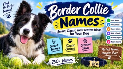 Border Collie names featuring smart, classic, and creative dog name ideas, with a black-and-white Border Collie in a grassy field.
